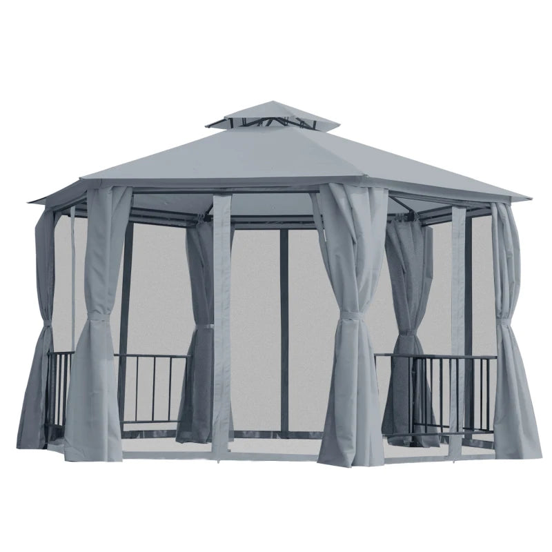 13ft Hexagon Gazebo Outdoor Canopy Shelter with Netting and Shaded Curtains Grey
