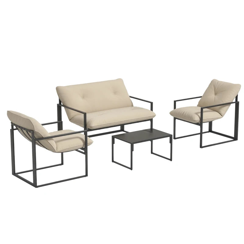 4 Piece Outdoor Furniture Set, Patio Conversation Set with Tempered Glass Table, Loveseat, 2 Chairs and Cushions, Beige