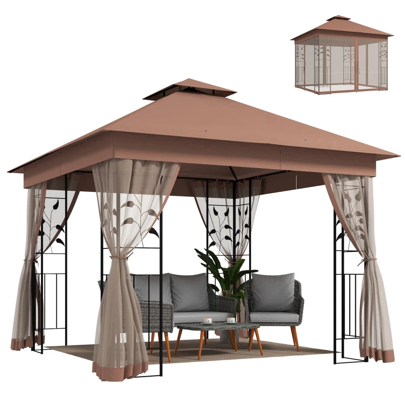 10'x10' Soft-top Steel Patio Gazebo Outdoor Sun Shelter with 2-Tier Polyester Roof, Curtain Sidewalls, Dark Brown