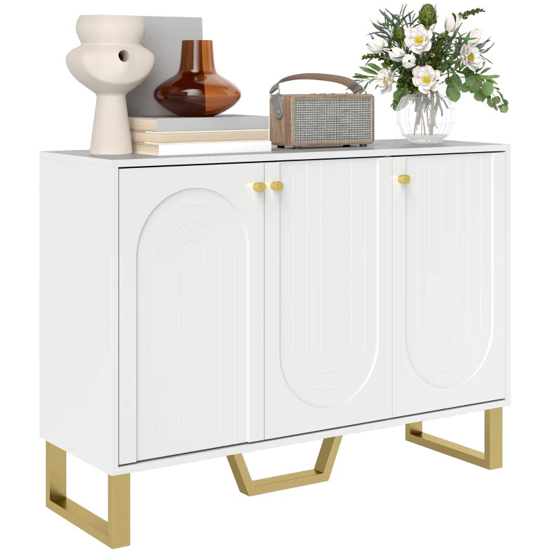 Sideboard Buffet Cabinet with 3 Doors, Modern Storage Cabinet with Adjustable Shelves & Center Leg, White
