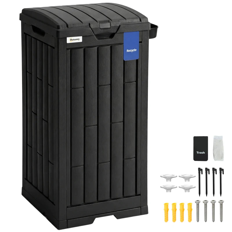 29 Gallon Outdoor Garbage Bin with Dual Lid, Plastic Outdoor Waste Trash Can with Side Holder and Drip Tray, Black