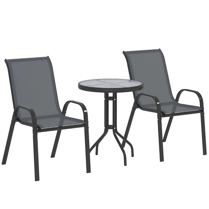 3 Pieces Bistro Set, Small Patio Furniture Set with Stackable Mesh Chairs, Glass Table for Garden, Balcony, Dark Grey