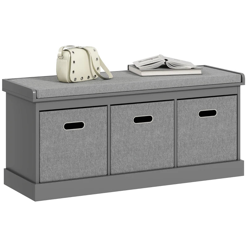 Shoe Storage Bench with Seat, Entryway Bench Seat with Cushion, 3 Fabric Drawers for Hallway, Dark Grey
