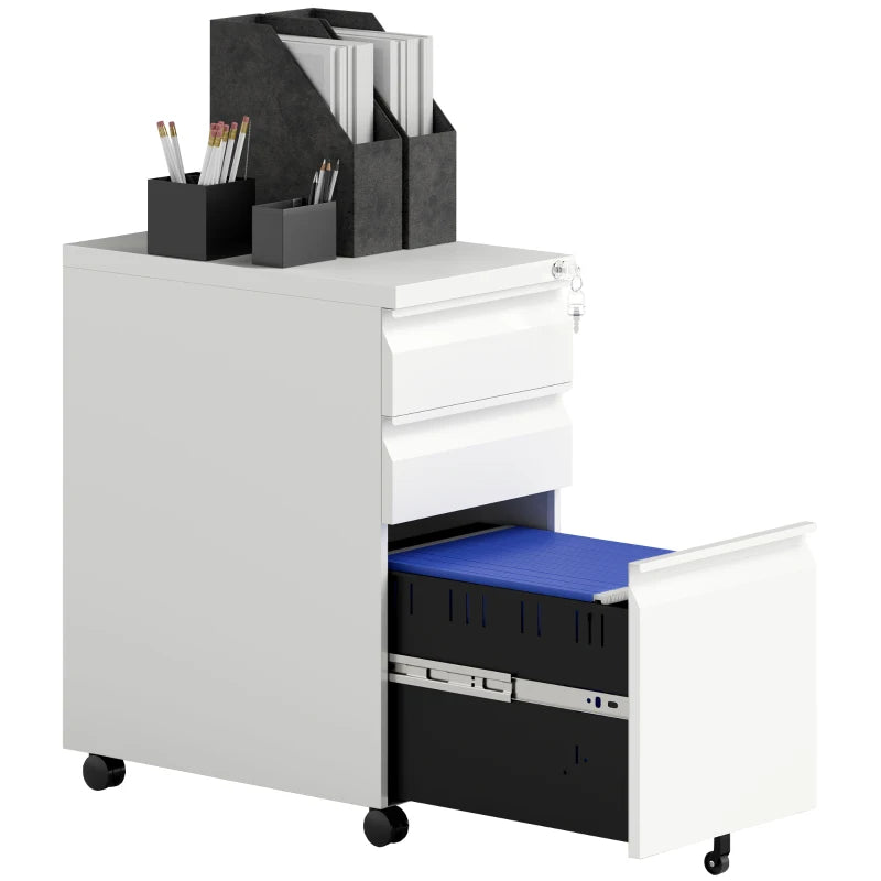 3 Drawer Filing Cabinet with Lock, Steel Office Storage Cabinet with Hanging Bar for A4, Legal, Letter Files, White