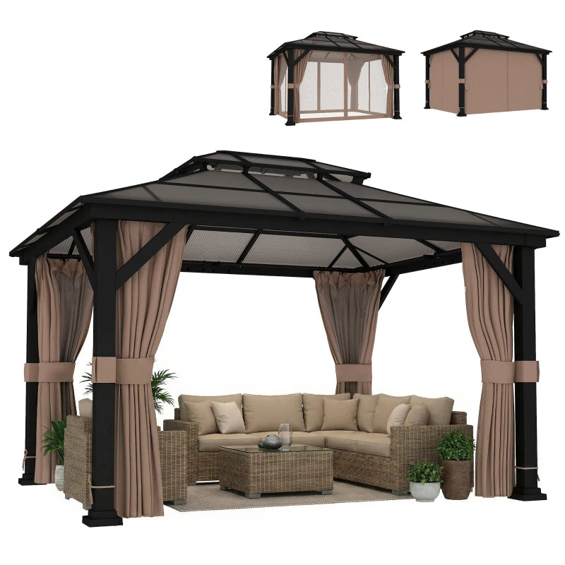 10' x 12' Hardtop Gazebo Canopy with Double PC Roof, Steel Permanent Outdoor Gazebo with Curtains and Netting, Khaki