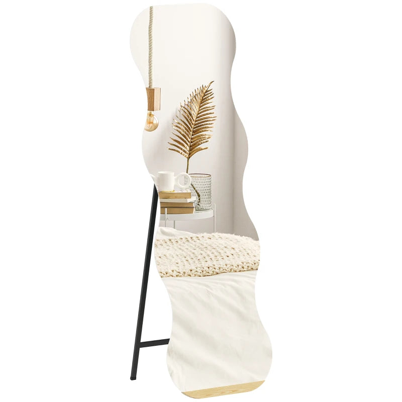 64" x 21" Full Length Mirror, Irregular Wavy Frameless Full Body Mirror with Pine Wood Base for Bedroom, Black