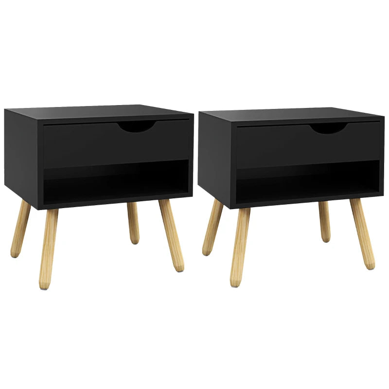 Set of 2 Nightstands with Storage Drawer and Shelf, Modern Bedside Table for Bedroom, Black