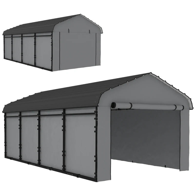 12' x 20' Metal Carport, Heavy Duty Garage Car Shelter with Galvanized Metal Roof and Removable Sidewalls, Light Grey