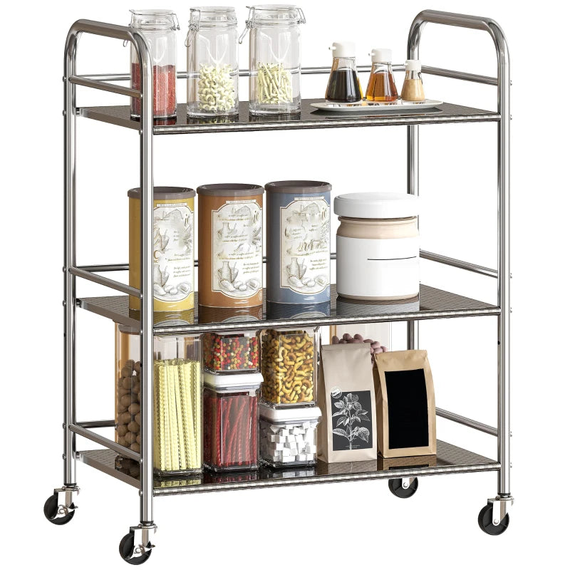 3 Tier Stainless Steel Rolling Cart with Adjustable Shelf, Utility Cart on Wheels with Handles for Kitchen, Silver