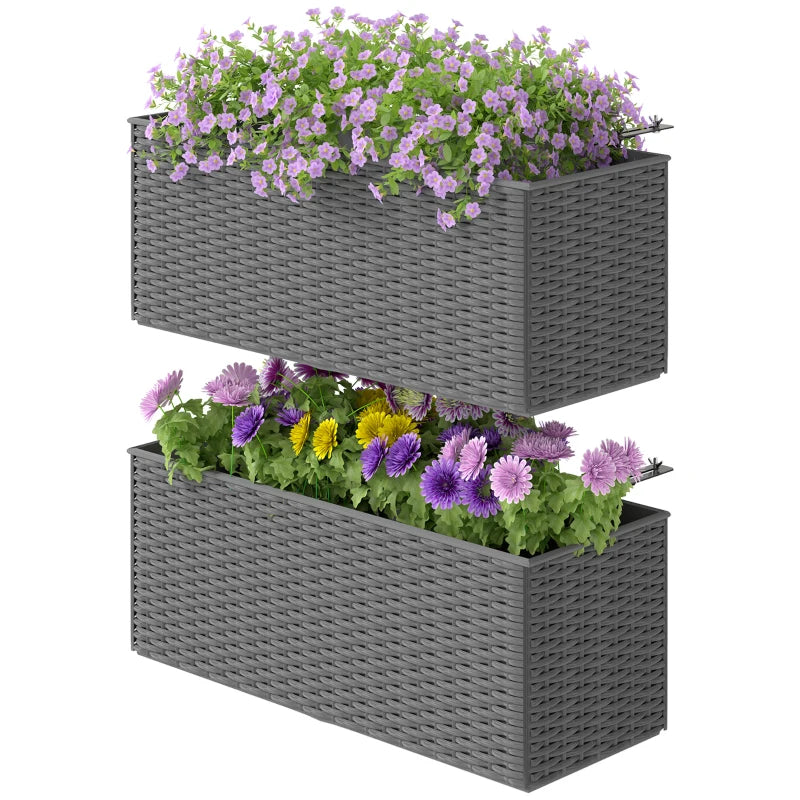 2 Pack 20 Inch Hanging Flower Pots, Railing Planter Box for Fence, Garden, Rattan Look, Grey