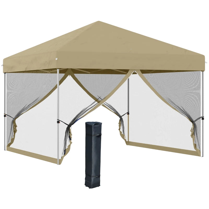 10' x 10' Pop-Up Party Tent UPF50+ Outdoor Canopy Tent with Mesh Sidewalls, 3-Level Adjustable Height, Roller Bag, Khaki