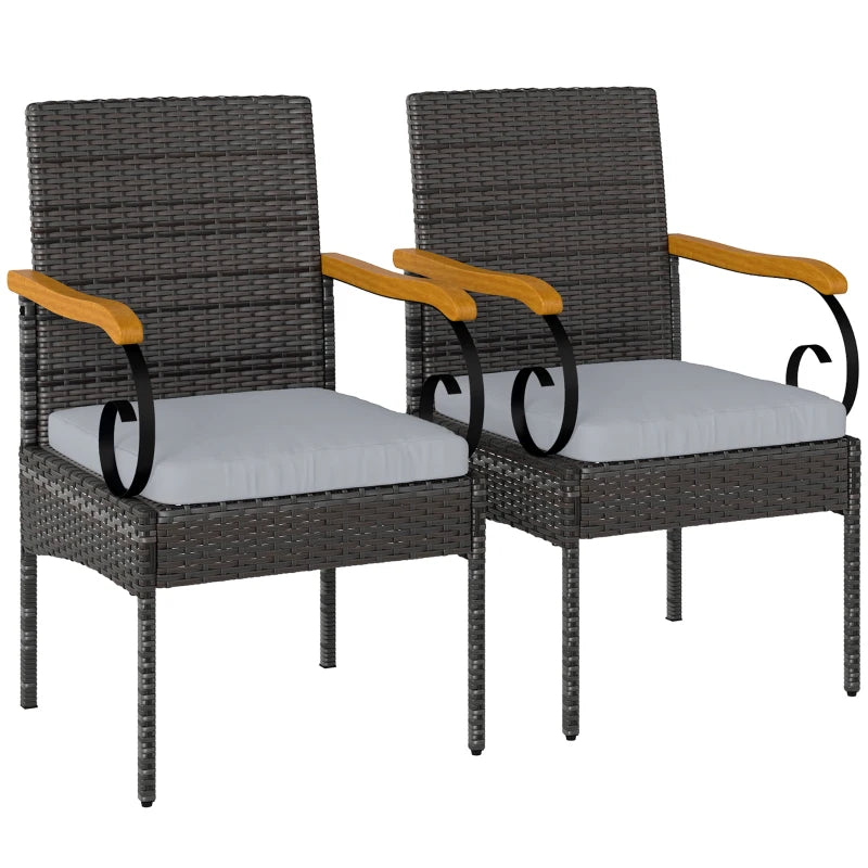 Set of 2 Rattan Outdoor Dining Chairs, Wicker Patio Chairs with Removable Cushion, Acacia Wood Armrests, Light Grey