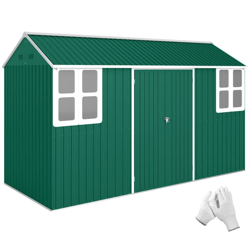12' x 5.5' Metal Garden Storage Shed, Outdoor Tool Storage House with Lockable Door, Vents, Sloped Roof, Green