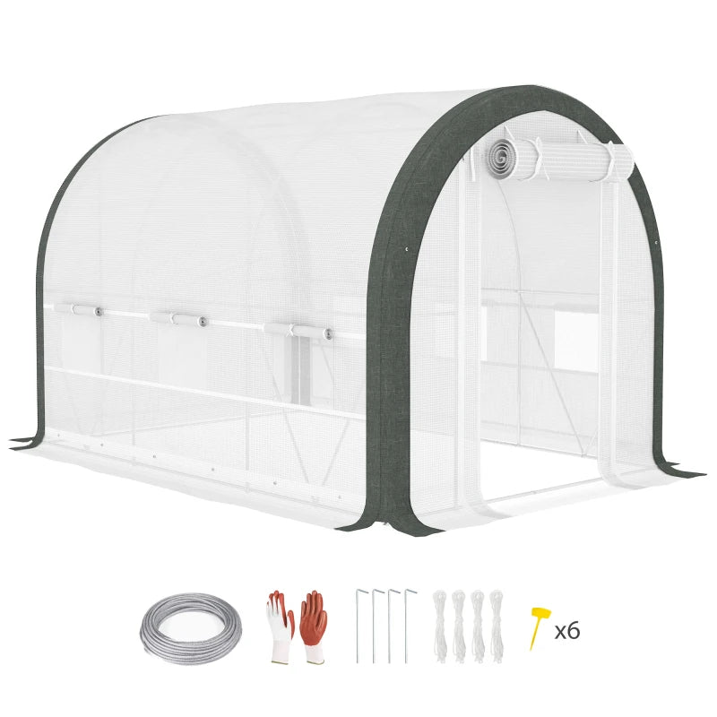 10'x6.6'x6.6' Upgraded Tunnel Greenhouse Green House with Mesh Door and Windows, 6 Plant Labels and Gloves, White