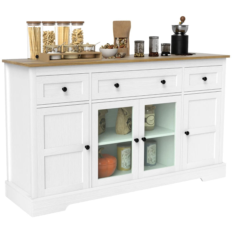 Sideboard Buffet Cabinet with Storage, Coffee Bar Cabinet with Glass Doors and Adjustable Shelves, Distressed White