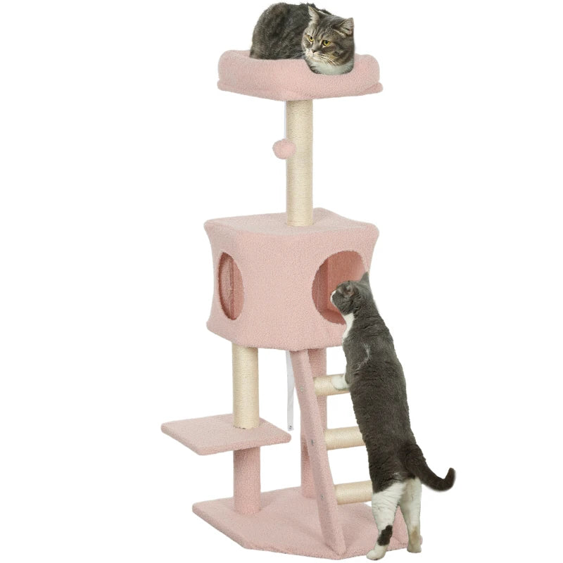 47" Tall Cat Tree Tower with Condo, Ladder, Scratching Posts and Hanging Ball, Pink