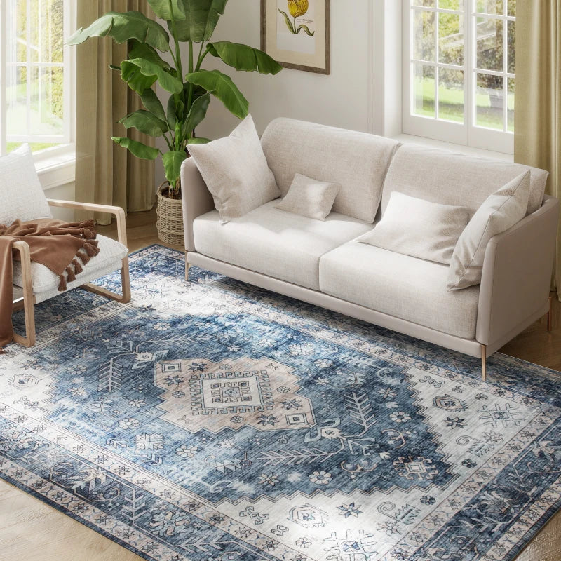 6x9 Area Rug, Vintage Machine Washable Rug, Non-Slip Floor Carpet for Living Room, Bedroom, Dining Room, Blue
