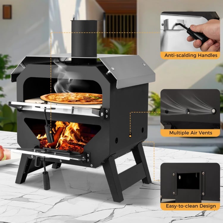 12 Inch Outdoor Pizza Oven with Pizza Stone for Patio Backyard Camping BBQ-Black