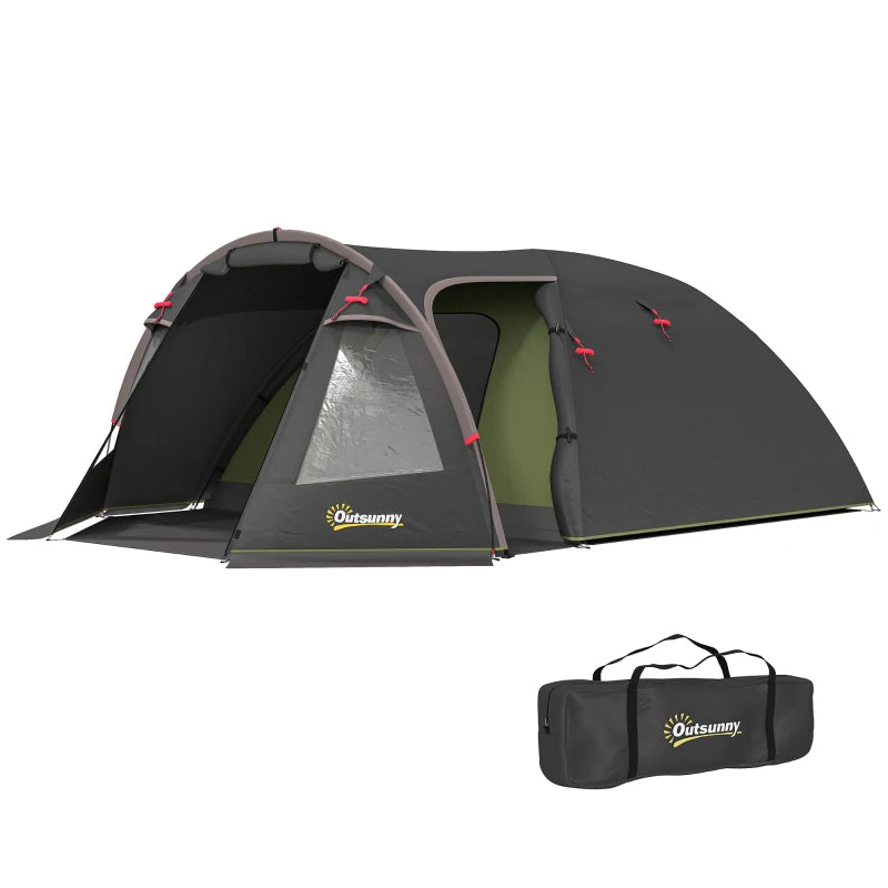 2-4 Man Camping Tent, 3000mm Waterproof Tunnel Tent with 2 Rooms, Sewn-in Groundsheet, 3 Doors and Hook
