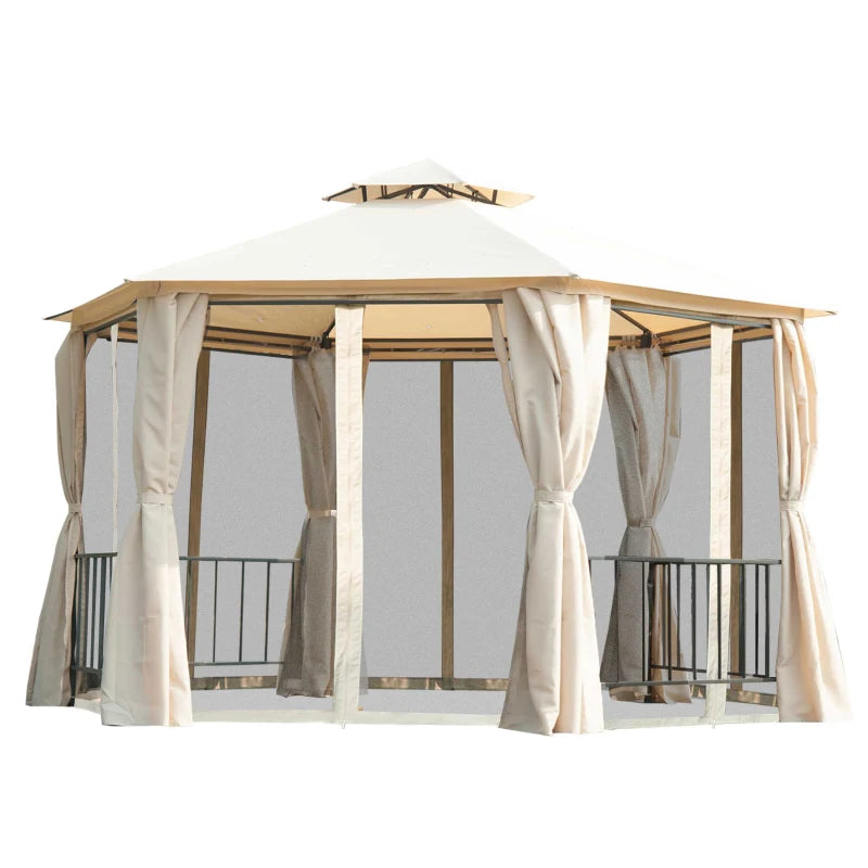 13ft Hexagon Gazebo Outdoor Canopy Shelter with Netting and Shaded Curtains Beige
