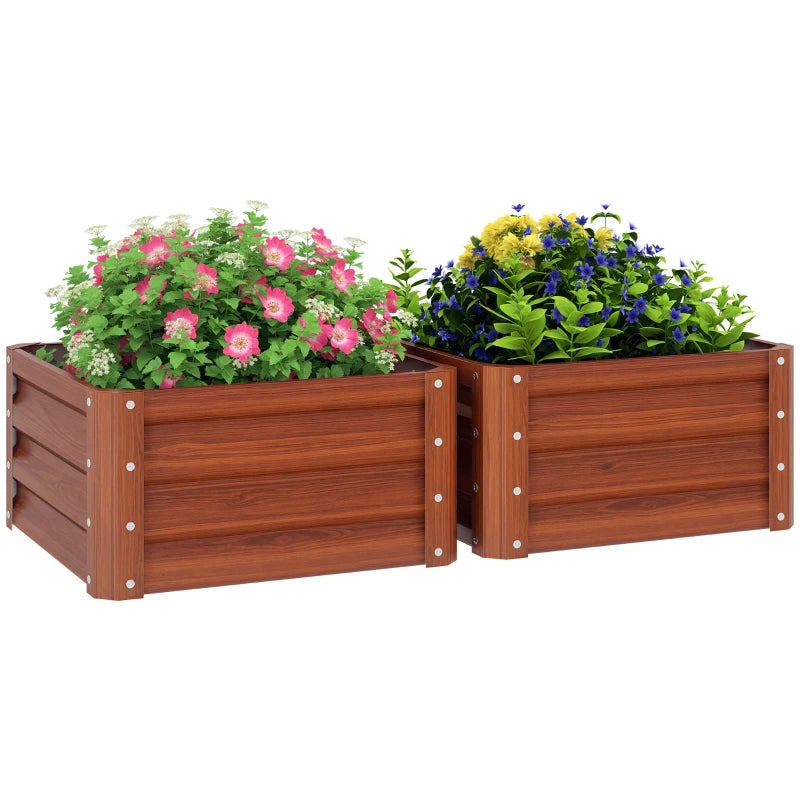 2' x 2' x 1' 2-Pieces Raised Garden Bed w/ Galvanised Steel Frame for Vegetables Flowers Herbs, Dark Brown Wood Effect