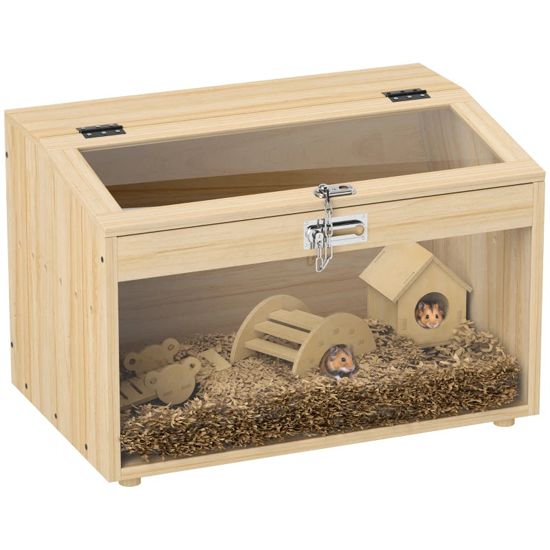 22"L Hamster Cage with Openable Top & Acrylic Windows, Small Animal Cage with Hut, Seesaw, Ladder, Natural Wood