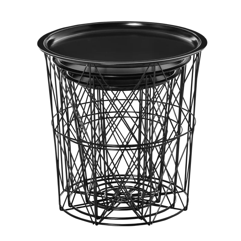 Set of 3 Nesting Coffee Tables with Storage, Round End Table with Removable Tray, Basket Side Tables with Metal Frame for Living Room, Black