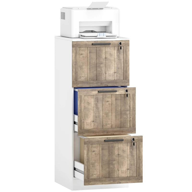 3 Drawer Filing Cabinet, Farmhouse File Cabinet with Lock, Adjustable Hanging Rails for A4 Letter Size Files, White