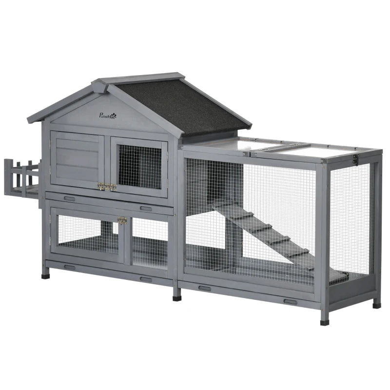 65" Wooden Rabbit Hutch, Pet Playpen with Openable Roof, Storage Box, for Rabbits and Small Animals, Dark Grey