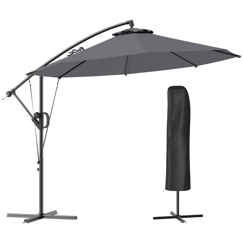 118.1" Patio Offset Umbrella with Cover and Wind Protection Strap,with Crank Handle and Tilt, UPF50+, Grey