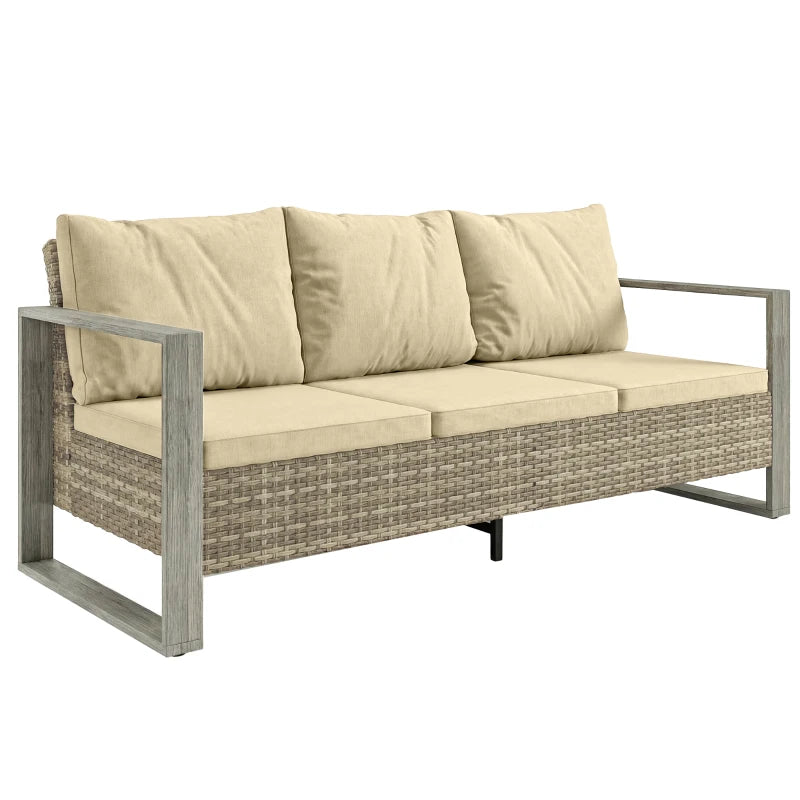 3-Seater Outdoor Couch, PE Wicker Patio Sofa with Deep Seat, Wood-Effect Aluminum Armrests, Cushions, Khaki