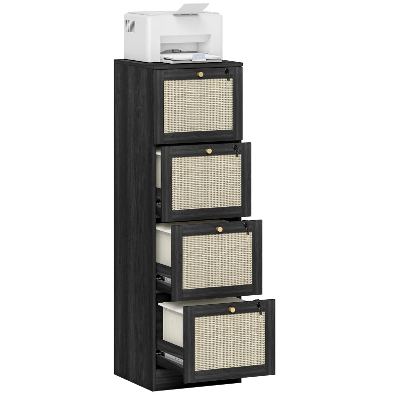 4 Drawer Filing Cabinet with Lock, Boho File Cabinet for A4 Letter Size Files with Decorative Rattan Accents, Black