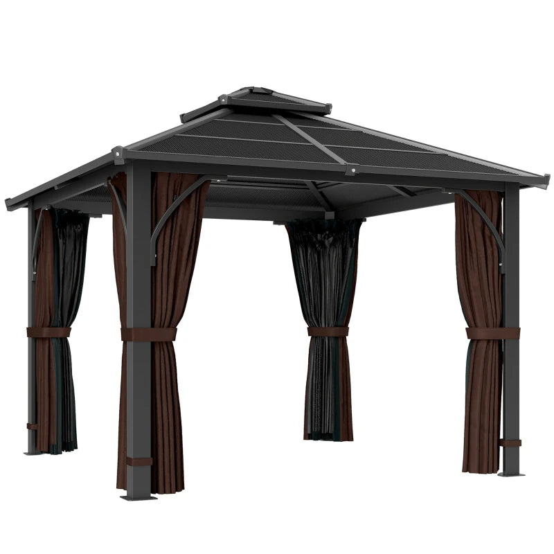 10' x 10' Hardtop Gazebo with 7mm Double Polycarbonate Roof, Outdoor Gazebo with Netting and Curtains, Coffee
