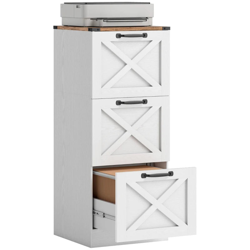 3 Drawer File Cabinet with Silent Slides, Vertical Farmhouse Filing Cabinet Fits Letter/A4 Size Home Office, White