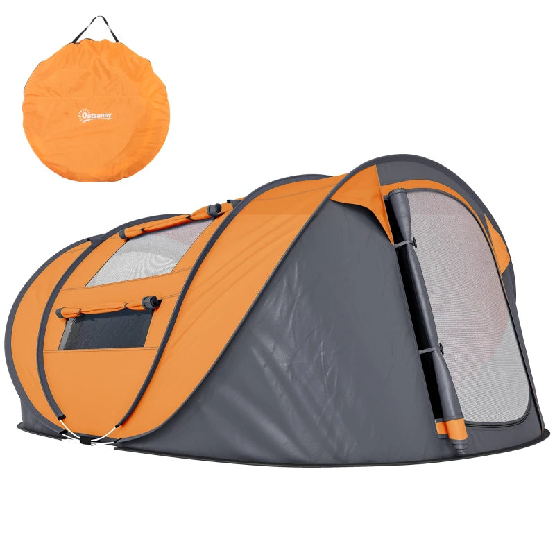 4 Person Camping Tent, Easy Pop Up Tent with Doors, Windows and Carry Bag, Automatic Setup Tent for Hiking, Orange