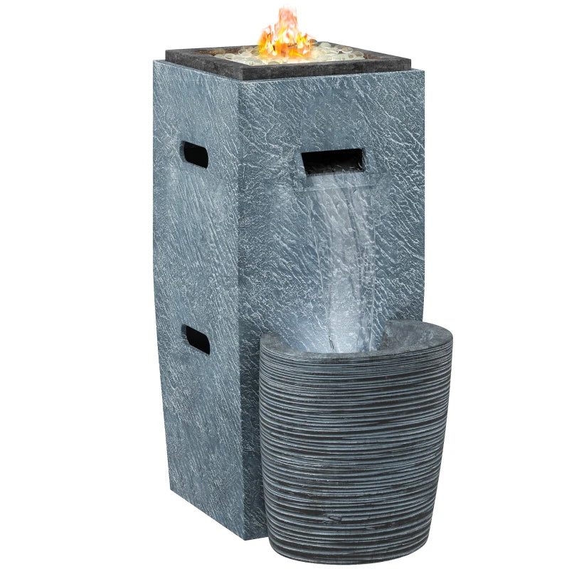 16.5" x 11" x 22.4" Propane Fire Pit Table with Fountain, 15000 BTU Outdoor Gas Fire Table with LED Light Adjustable Water Flow, Fire Fountain Water with Glass Rocks, Grey