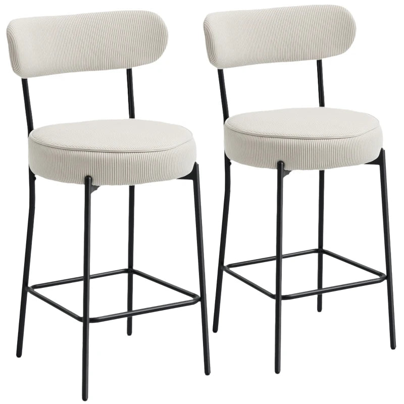 Set of 2 Barstools, Upholstered Corduroy Bar Stools with Backrest, Footrest for Kitchen Island, Dining Room, Cream White