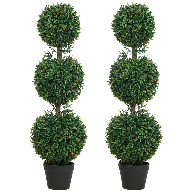 3.3FT Artificial Boxwood Topiary Tree Set of 2, Faux Three Ball Topiary Tree in Pot for Indoor Outdoor Decor, Green