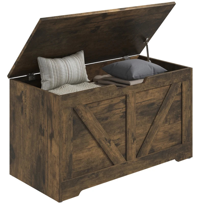 31.5 Inches Storage Chest, Storage Trunk with 2 Safety Hinges for Living Room, Brown Wood Grain