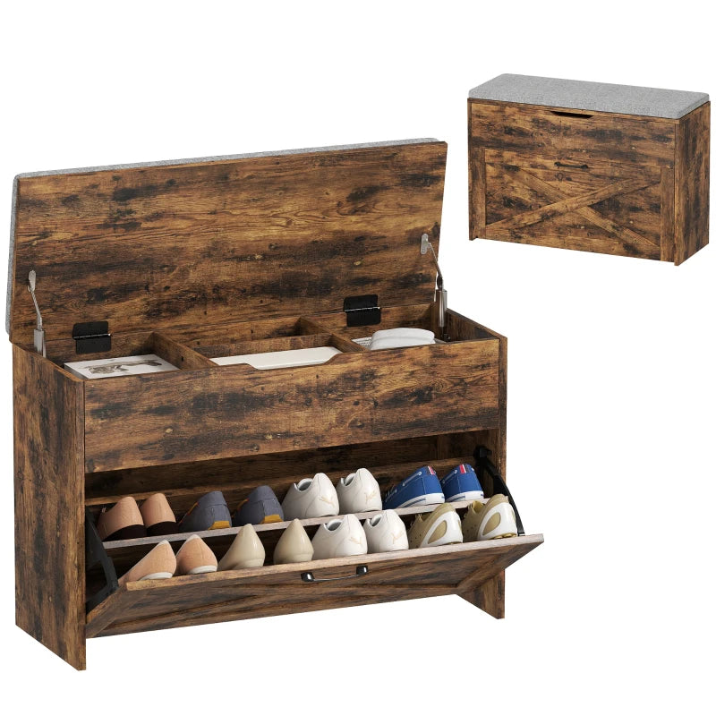 Shoe Storage Bench with Flip Drawer and Lift Top Storage, Entryway Bench with Seat Cushion for Hallway, Rustic Brown