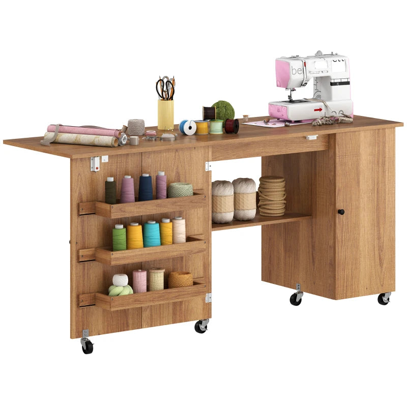 Sewing Machine Table with Drop Leaf, Folding Craft Table with 2 Doors and Adjustable Shelf for Small Spaces, Brown
