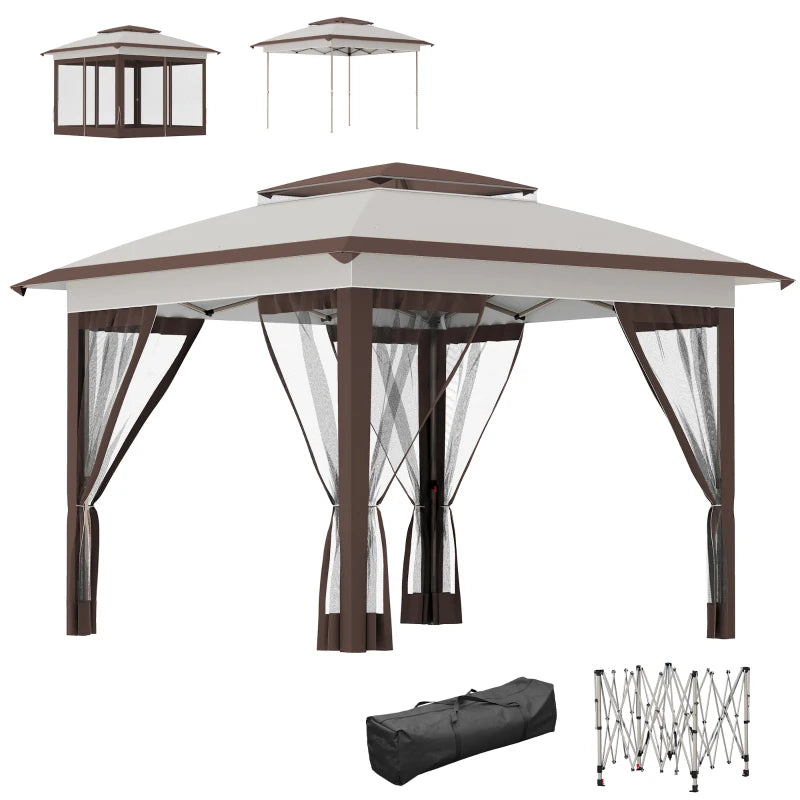 12' x 12' Pop Up Canopy Sun Shade Instant Tent Folding with Mesh Sidewalls, Beige and Dark Brown