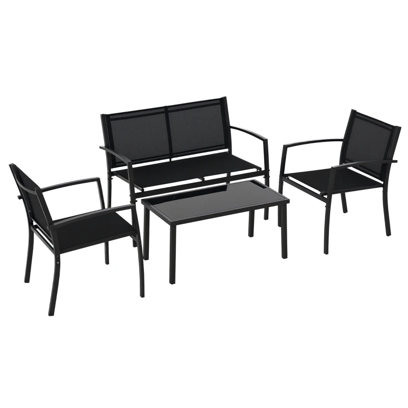 4-Piece Patio Furniture Set with Glass Top Coffee Table, Breathable Mesh Seat & Backrest for Garden, Balcony, Black