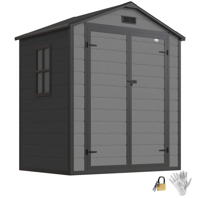 6x4.5FT Plastic Shed, Lockable Garden Tool Storage House with Double Doors and Vent, Grey