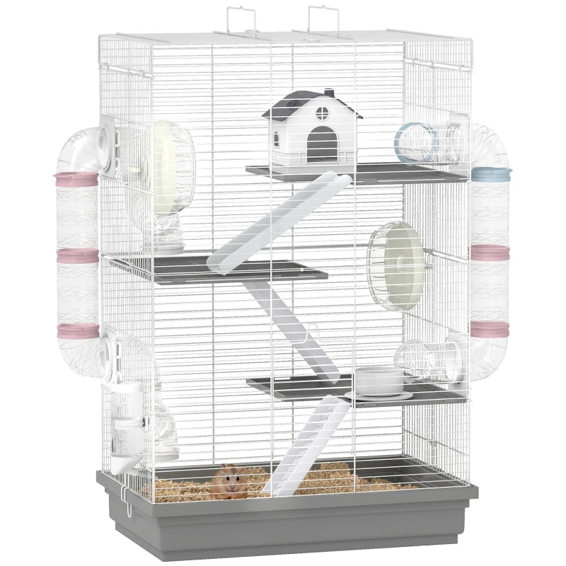 4-Level Large Hamster Cage with DIY Tubes, Water Bottle, Food Dish, Hut, Exercise Wheels, Grey
