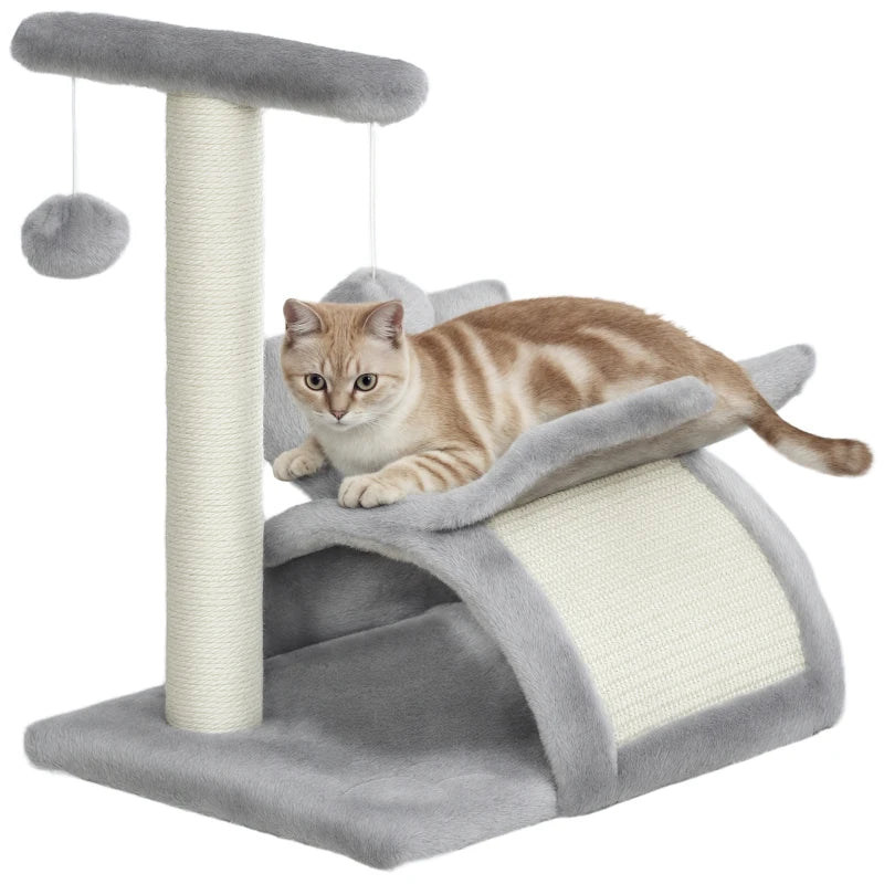 17" Small Cat Tree with Scratching Post, Cat Tower with Rotatable Top Pole, Platform, 2 Dangling Balls, Light Grey