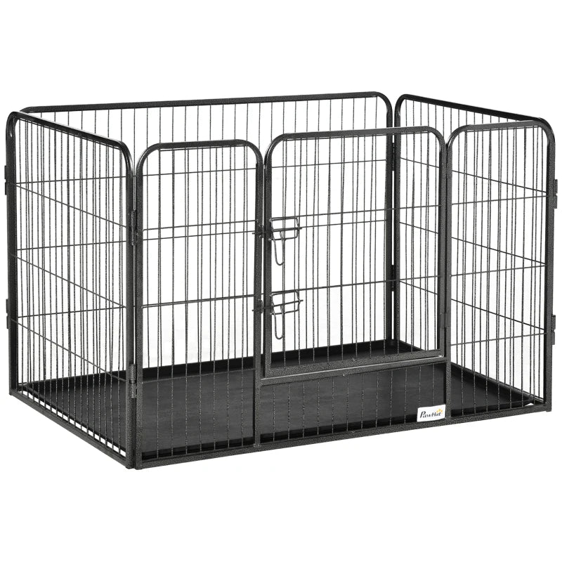 4 Panels Dog Playpen, Heavy Duty Dog Fence, 28" H Portable Pet Playpen with Door Double Locking Latches, Tray, Grey