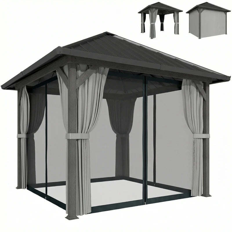10' x 10' Hardtop Gazebo with Galvanized Steel Roof, Permanent Garden Gazebo with Netting and Curtains