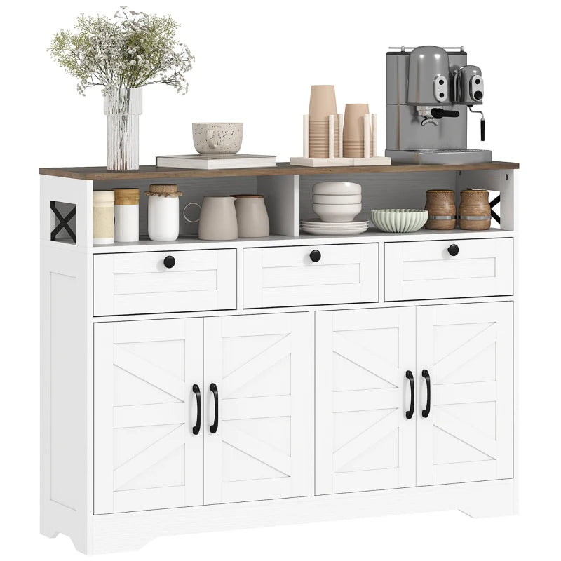 Sideboard, Buffet Cabinet with 4 Barn Doors and 3 Drawers, Coffee Bar Cabinet with Adjustable Shelves, White