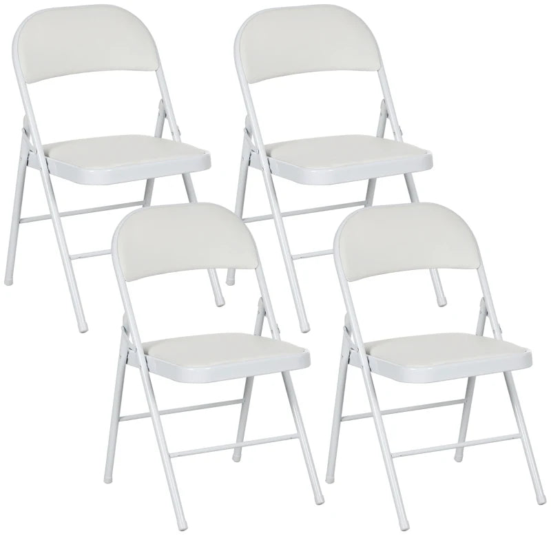 Set of 4 Metal Foldable Chairs, PU Leather Padded Folding Chairs with Cushion Seat and Open Back for Indoor, White